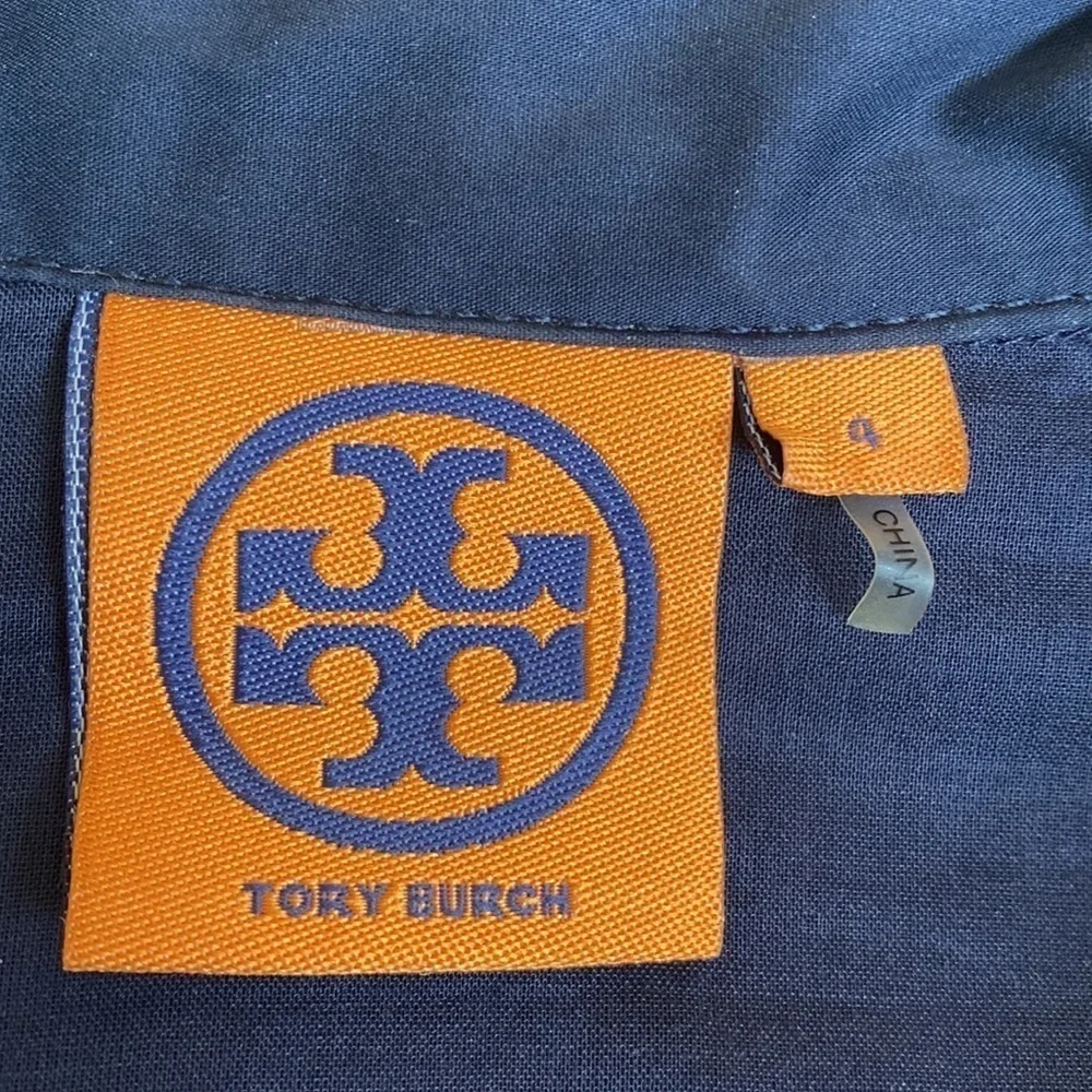Tory Burch navy blue Liam eyelet sleeve button down top size 4